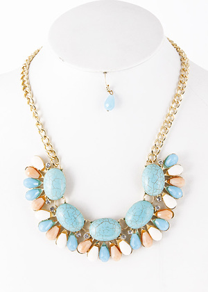 Turquoise Stone Pastel Jewel Statement Necklace 5ECC4